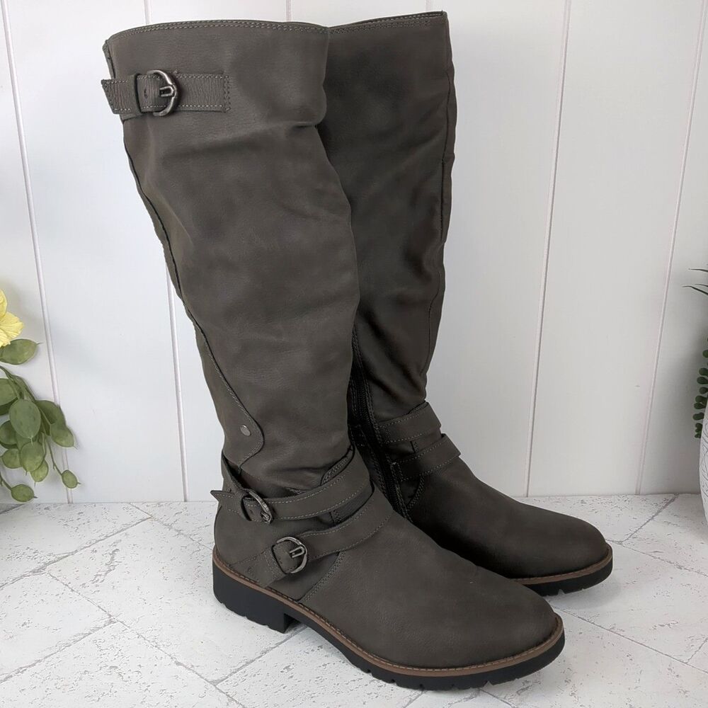 Sun + Stone Women’s Brinley Gray Faux Leather Knee-High Boots Lug Sole 9.5